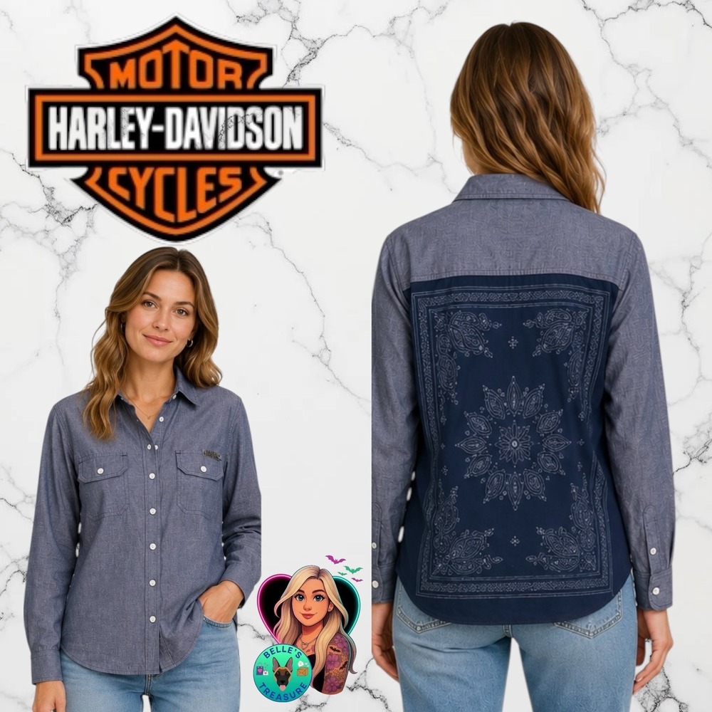 Harley-Davidson Womens Medium Blue‎ Chambray Bandana Back Snap Button Down Shirt